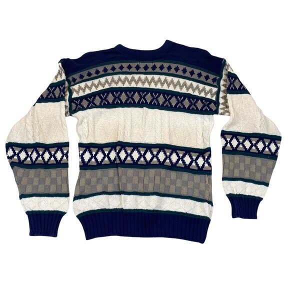 Vintage American Hero Mens Sweater Crew Neck Cable Knit Pullover Blue Geo Stripe - Picture 2 of 10